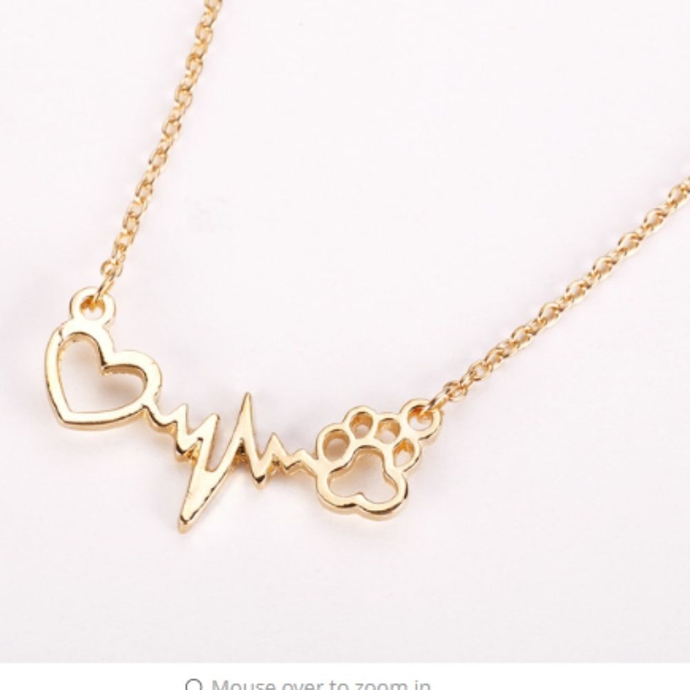 Dog Paw Heart Love Pendant Necklace Gold Tone